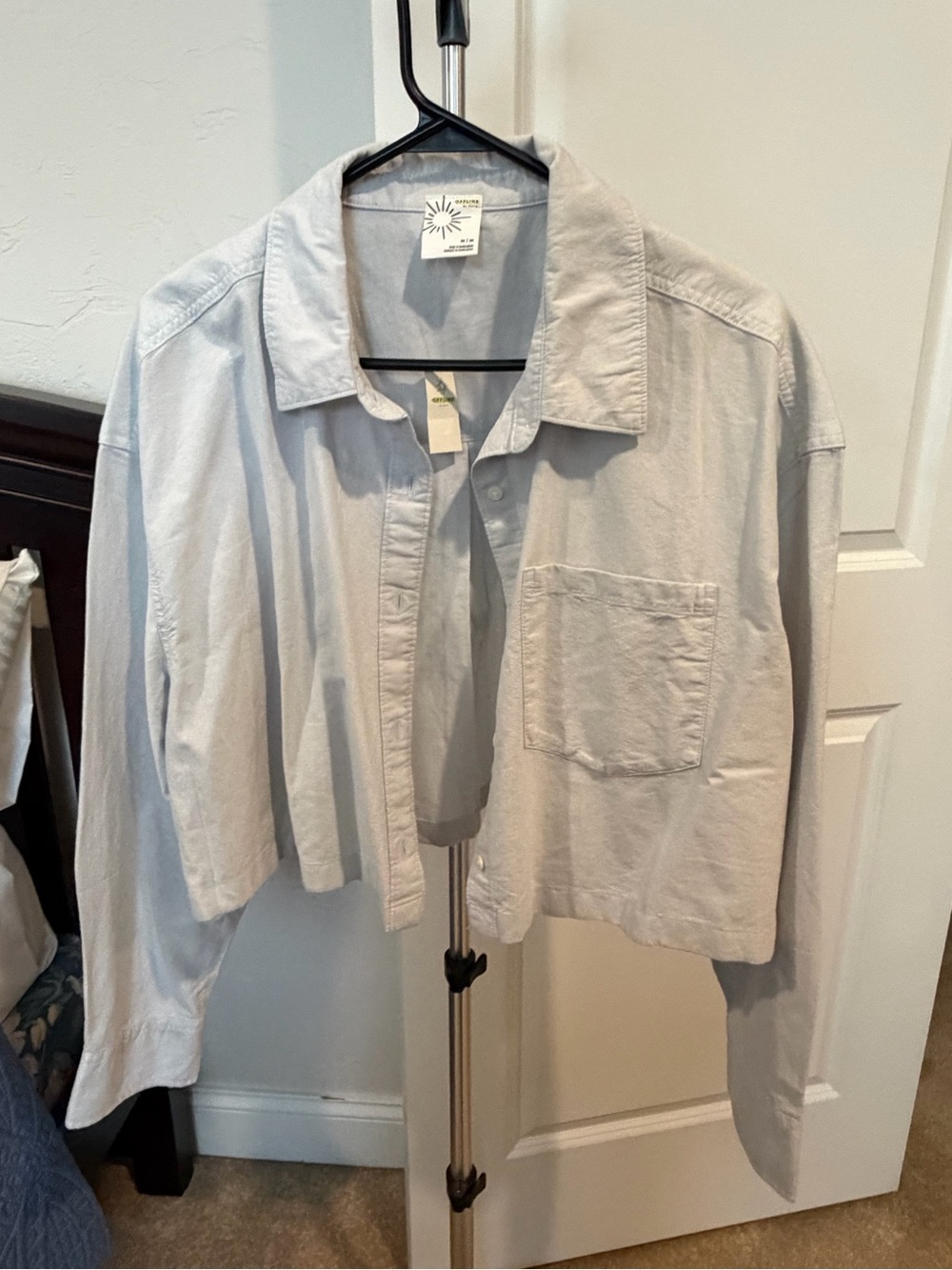 aerie Light Gray Cropped Button-Front Jean Jacket